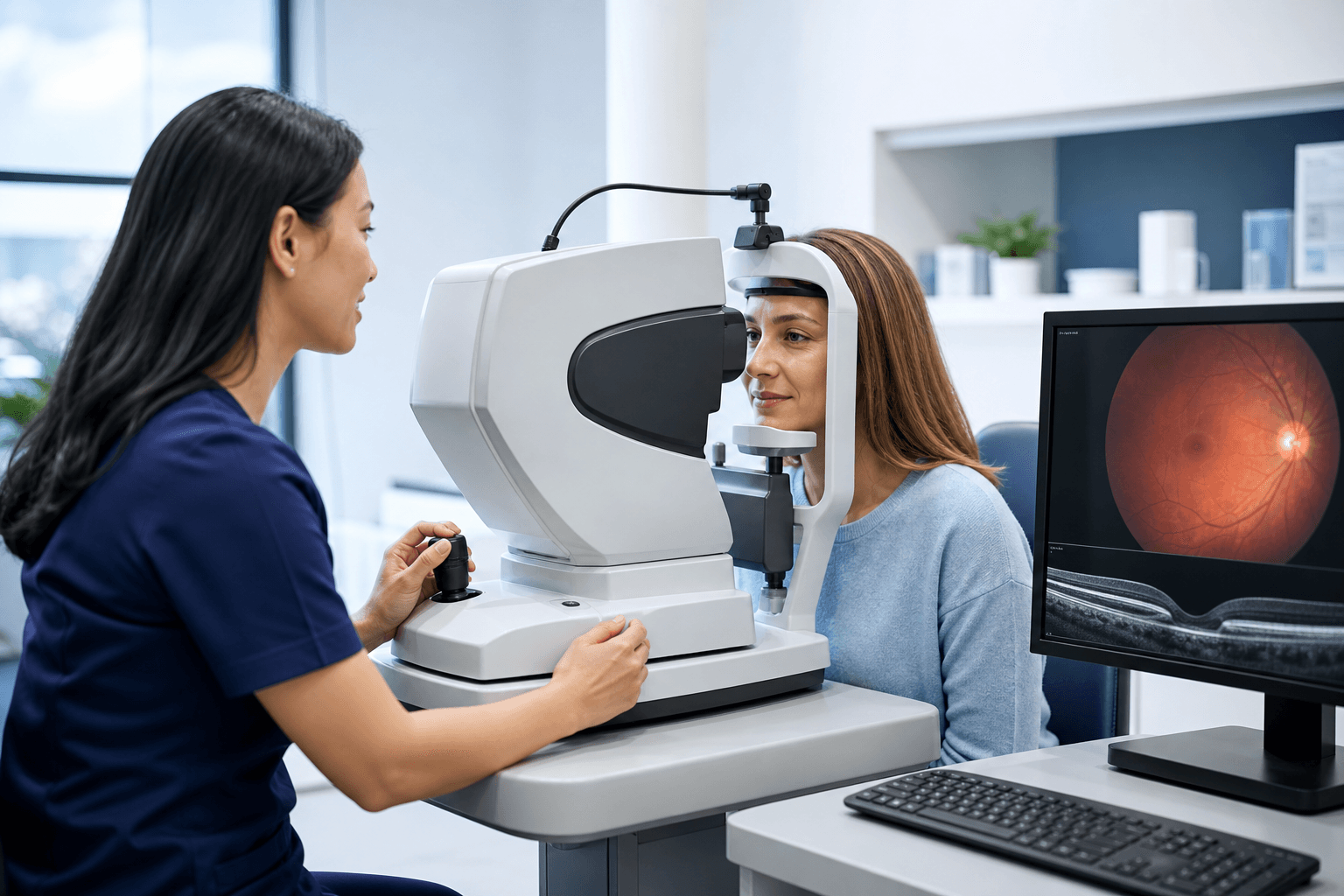 Patient receiving an advanced retinal imaging examination