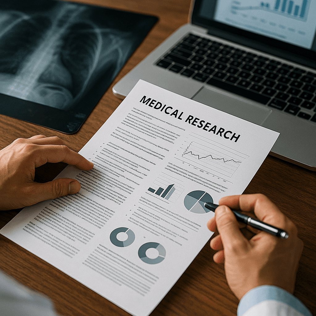 Medical research materials beside a laptop