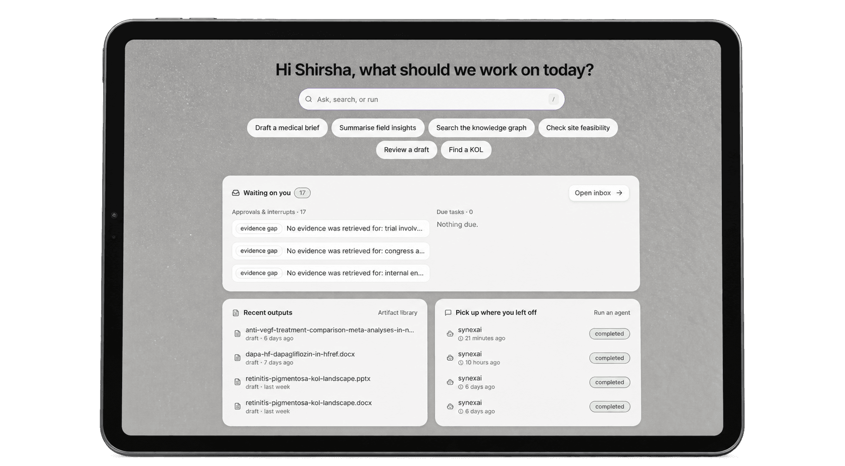 SynexAI workbench displayed on an iPad