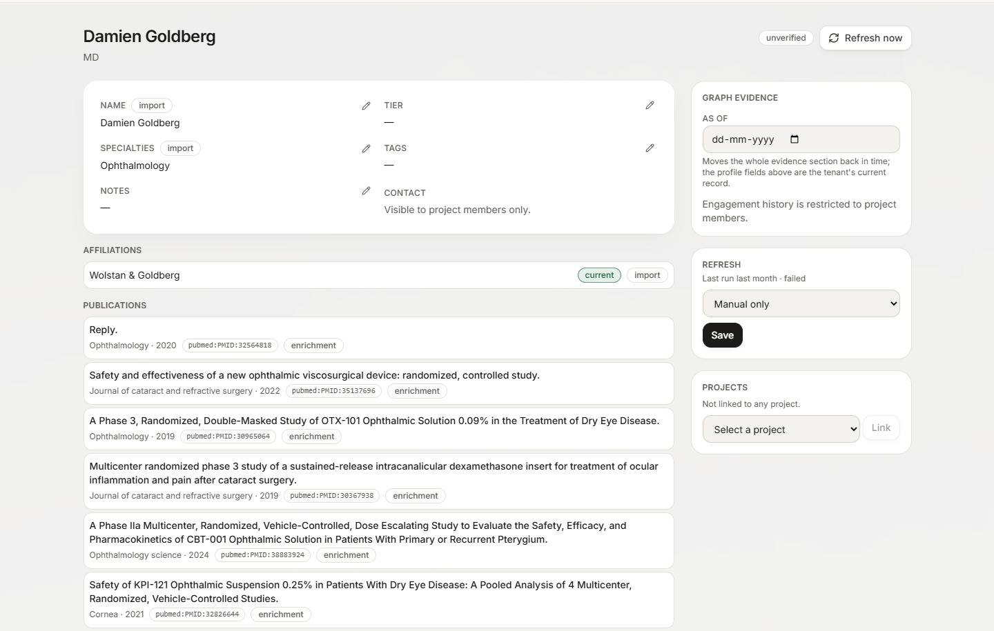 KOL profile with affiliations, publications and dated graph evidence