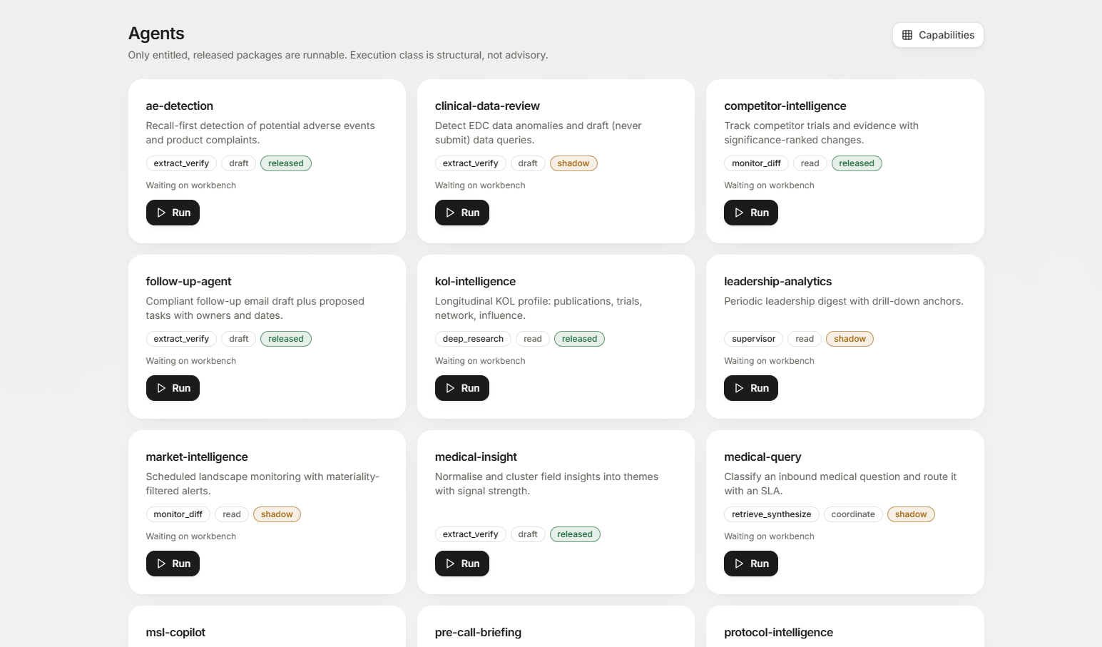 Specialist agent catalogue with purposes, execution classes and release status