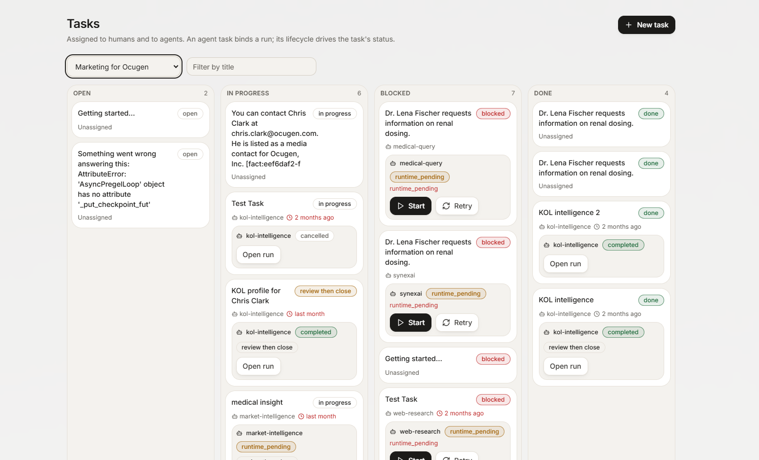 Task board with human assignments and agent runs across four statuses